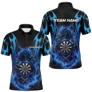 Maxcorners Custom Black And Blue Tribal Flame Dragon Dart Jersey, Dart Team Men Polo Shirt LM0409