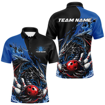 Maxcorners Custom Blue And Red Dragon Bowling Men Polo Team Shirt, Dragon Bowling League Shirt LM0101