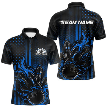 Maxcorners Custom Blue Patrotic Flame Bowling Men Polo Shirt, US Flag Bowling Jersey LM1104