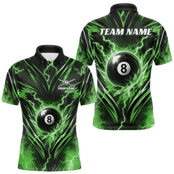 Maxcorners Custom Green Icy Thunder Lightning 8 Ball Billiard Men Polo Shirt, Pool League Shirt