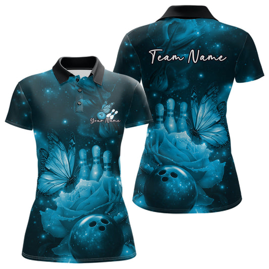 Custom Blue Butterfly And Roses Bowling Women Polo Shirts, Ladies Bowling Team LM1203