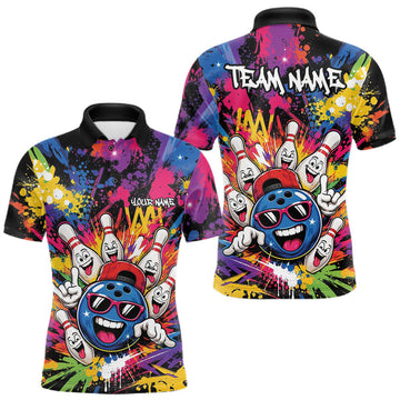 Maxcorners Custom Funny Colorful Hiphop Bowling Men Polo Shirt, Graffity Splatter Bowling Jersey