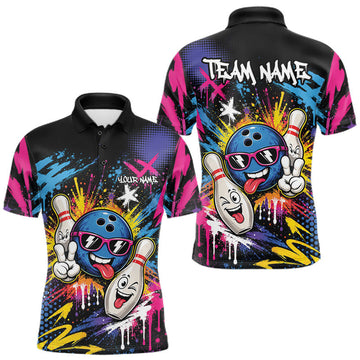Maxcorners Custom Funny Colorful Paint Splatter Bowling Men Polo Shirt, Graffity Bowling Jersey