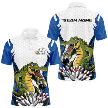 Maxcorners Custom Funny Alligator Bowling Men Polo Shirt, Alligator Blue Bowling Team League Shirt