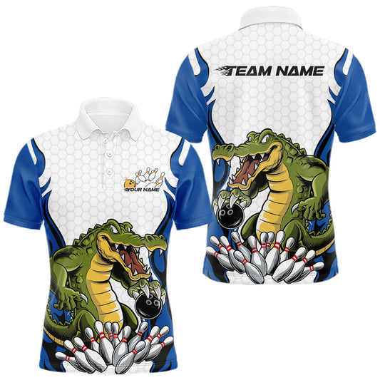 Maxcorners Custom Funny Alligator Bowling Men Polo Shirt, Alligator Blue Bowling Team League Shirt