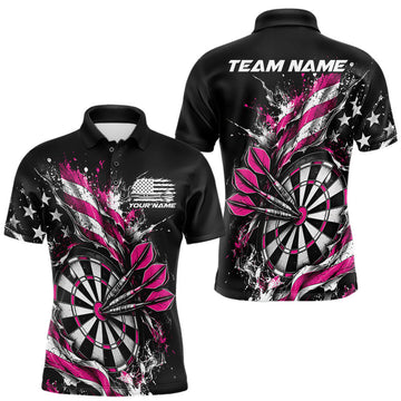 Maxcorners Custom Patriotic Bullseye Dart Men Polo Shirt, Pink American Flag Dart Team Jersey