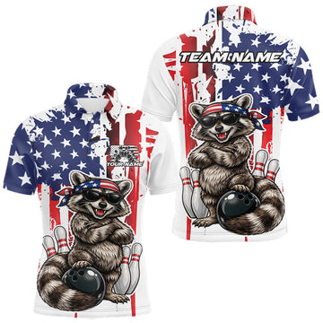 Maxcorners Custom Patriotic Funny Raccoon Bowling Men Polo Shirt, American Flag Bowling Jersey LM0410