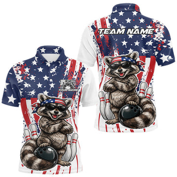 Maxcorners Funny Raccoon Custom Patriotic Bowling Team Jersey, Bowling Polo Shirt For Men LM0410