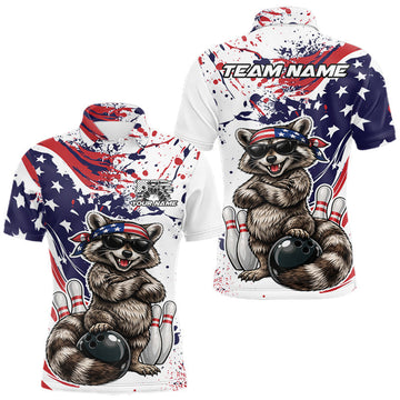 Maxcorners Custom Patriotic Funny Raccoon Bowling Men Polo Shirt, Splatter US Flag Bowling Jersey LM0410