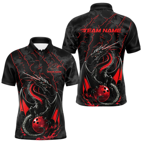 Maxcorners Custom Gray And Red Camo Dragon Claws Bowling Men Polo Shirts, Team Bowling Jerseys MT1309