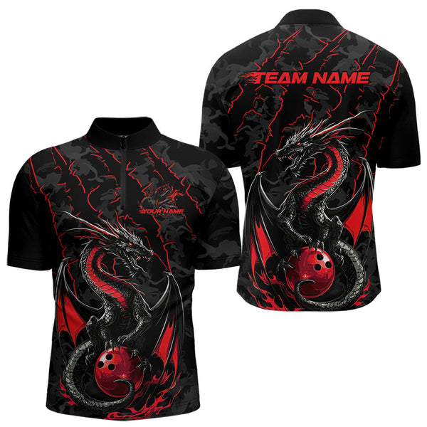 Maxcorners Custom Gray And Red Camo Dragon Claws Bowling Men Polo Shirts, Team Bowling Jerseys MT1309