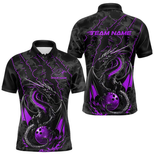 Maxcorners Custom Gray And Purple Camo Dragon Claws Bowling Men Polo Shirts, Team Bowling Jerseys MT1309