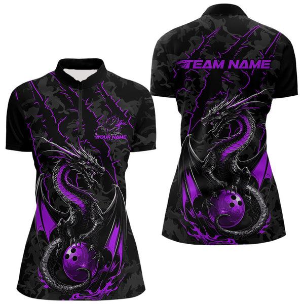 Maxcorners Custom Gray And Purple Camo Dragon Claws Bowling Men Polo Shirts, Team Bowling Jerseys MT1309