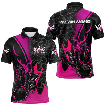 Maxcorners Custom Pink Flame Bowling Pattern Bowling Men Polo Shirt, Bowling Team League Shirt LM1903