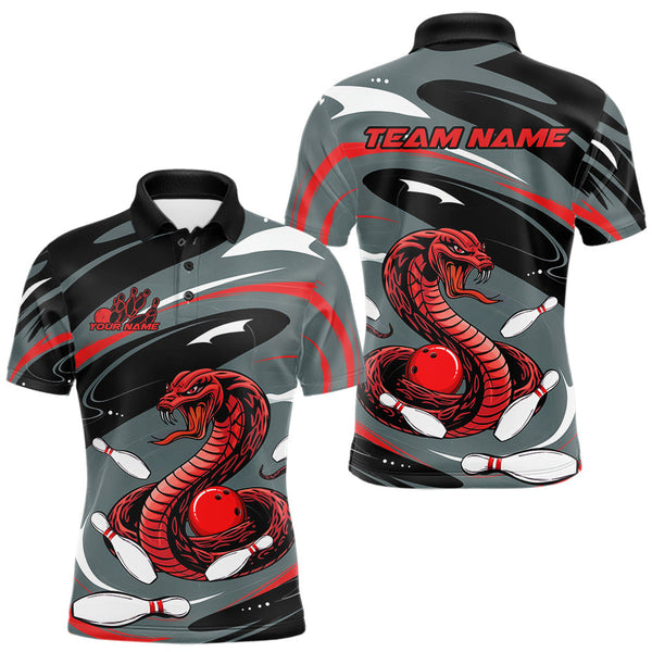Maxcorners Custom Gray And Red Cobra Snake Bowling Polo Shirt For Men, Cobra Bowling Team Jersey LM1809