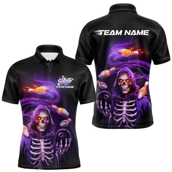 Maxcorners Custom Purple Flame Skeleton Grim Reaper Bowling Men Polo Shirt, Halloween Bowling Jersey MT2009