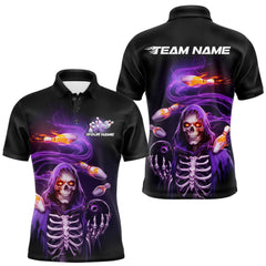 Maxcorners Custom Purple Flame Skeleton Grim Reaper Bowling Men Polo Shirt, Halloween Bowling Jersey MT2009