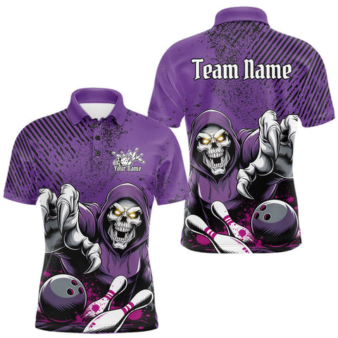 Maxcorners Custom Purple Splatter Skeleton Grim Reaper Bowling Men Polo Shirts, Halloween Outfits MT2009