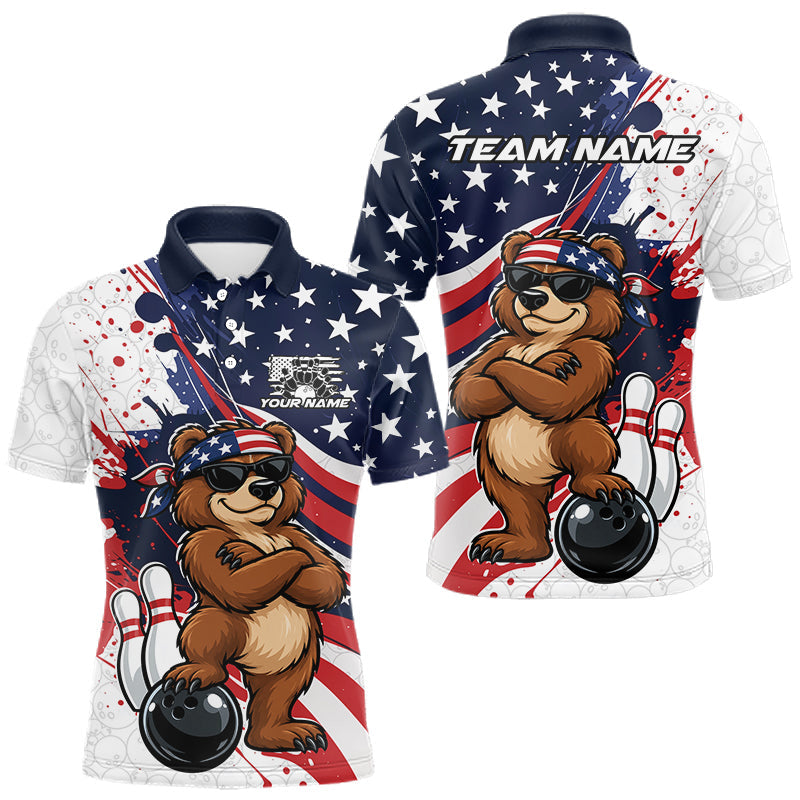 Maxcorners Splatter American Flag Custom Funny Patriotic Bear Bowling Men Polo Shirt, Team Uniform