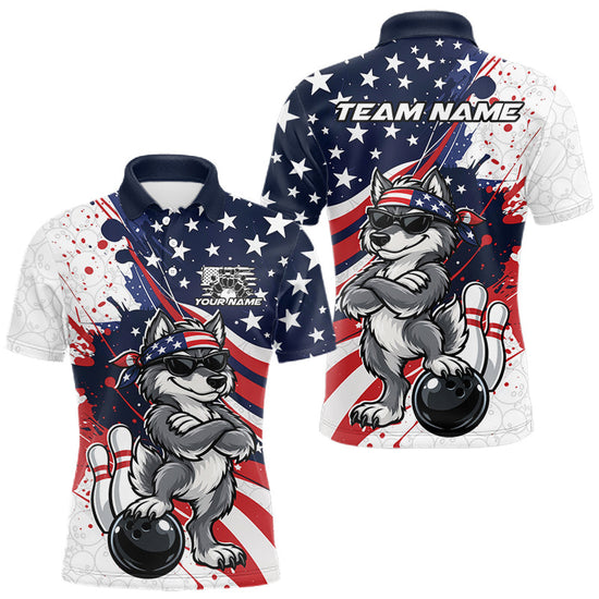 Maxcorners Splatter American Flag Custom Funny Patriotic Wolf Bowling Men Polo Shirt, Team Uniform