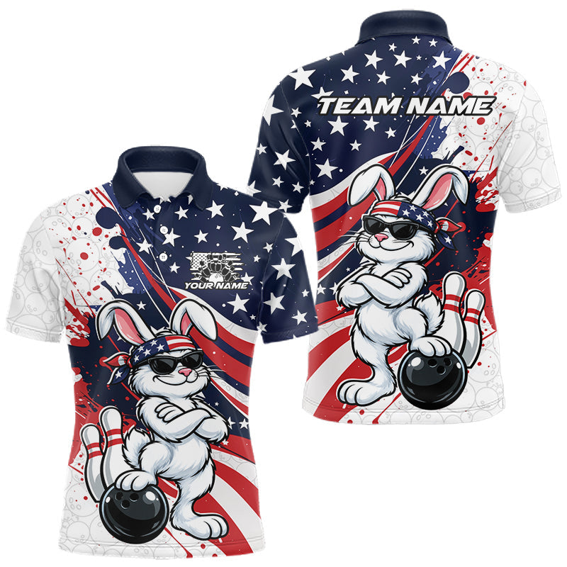 Maxcorners Splatter American Flag Custom Funny Patriotic Rabbit Bowling Men Polo Shirt, Team Uniform