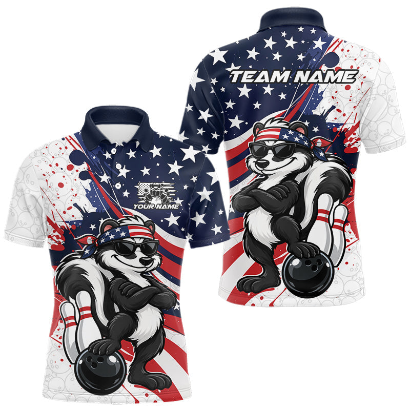 Maxcorners Splatter American Flag Custom Funny Patriotic Skunk Bowling Men Polo Shirt, Team Uniform