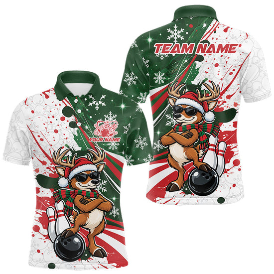 Maxcorners Custom Funny Christmas Deer Bowling Men Polo Shirt, Xmas Bowler Gift
