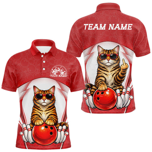 Maxcorners Custom Cool Maine Coon Cat With Funny Gesture Bowling Men Polo Shirt, Bowling Team Outfit