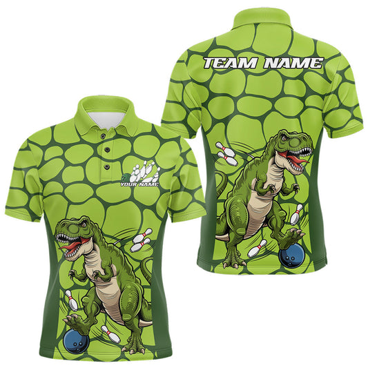 Maxcorners Custom Green Dinosaur Bowling Team Men Polo Shirt, Bowling Tournament Team Shirt LM1903