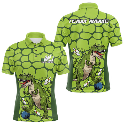 Maxcorners Custom Green Dinosaur Bowling Team Men Polo Shirt, Bowling Tournament Team Shirt TU2309