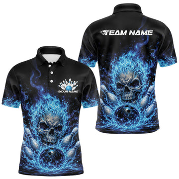 Maxcorners Custom Blue Flame Skull Halloween Bowling Men Polo Shirt, Bowling Jersey