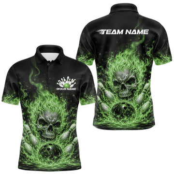 Maxcorners Custom Green Flame Skull Halloween Bowling Men Polo Shirt, Bowling Jersey Variant 2