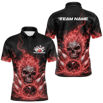 Maxcorners Custom Turquoise Blue Flame Skull Halloween Bowling Men Polo Shirt, Bowling Jersey Variant 2