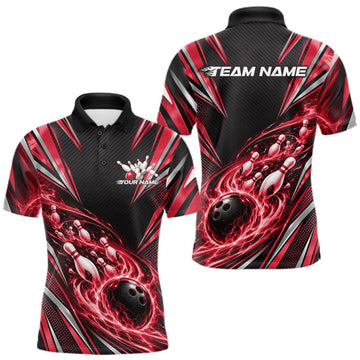 Maxcorners Custom Black And Red Flame Bowling Men Polo Shirt, Bowling Jersey Bowlers Outfit LM2709