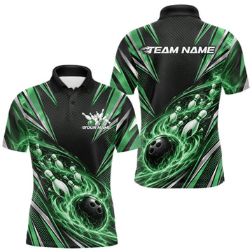 Maxcorners Custom Black And Green Flame Bowling Men Polo Shirt, Bowling Jersey Bowlers Outfit LM2709