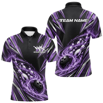 Maxcorners Custom Black And Purple Flame Bowling Men Polo Shirt, Bowling Jersey Bowlers Outfit LM2709