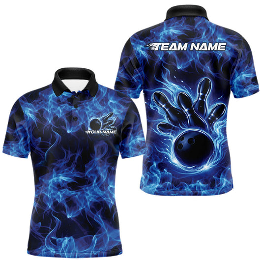 Maxcorners Custom Blue Flame Bowling Men Polo Team Shirt, Bowling Tournament Shirt LM1104