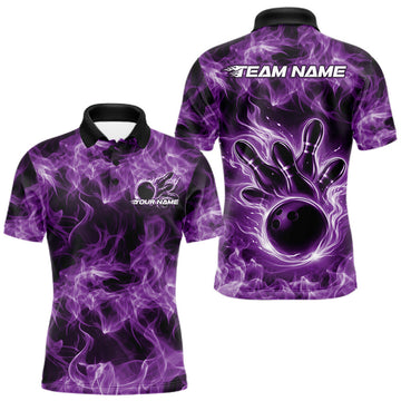 Maxcorners Custom Purple Flame Bowling Men Polo Team Shirt, Bowling Tournament Shirt LM1104
