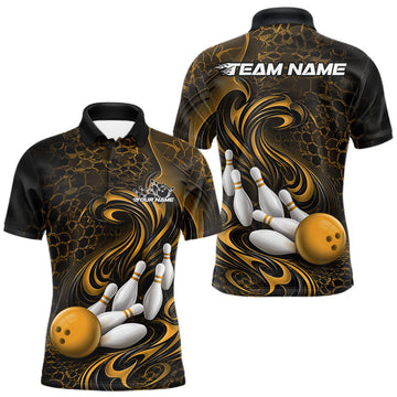 Maxcorners Custom Black And Yellow Tribal Flame Men Bowling Team Shirt, Polygonal Bowling Jerseys LM2704