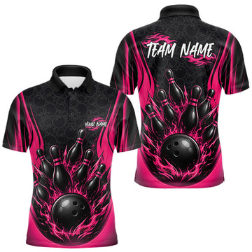 Maxcorners Custom Black And Pink Fire Flame Bowling Jerseys, Bowling Men Polo Shirts LM0208
