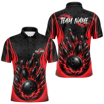 Maxcorners Custom Black And Red Fire Flame Bowling Jerseys, Bowling Men Polo Shirts LM0208
