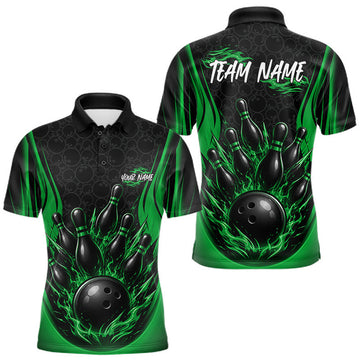 Maxcorners Custom Black And Green Fire Flame Bowling Jerseys, Bowling Men Polo Shirts LM0208