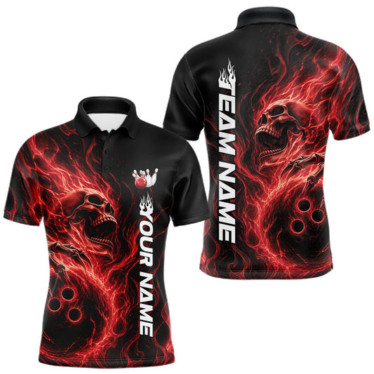 Maxcorners Custom Red Flame Skull Bowling Men Polo Shirts, Gothic Halloween Team Bowling Outfit LM2704