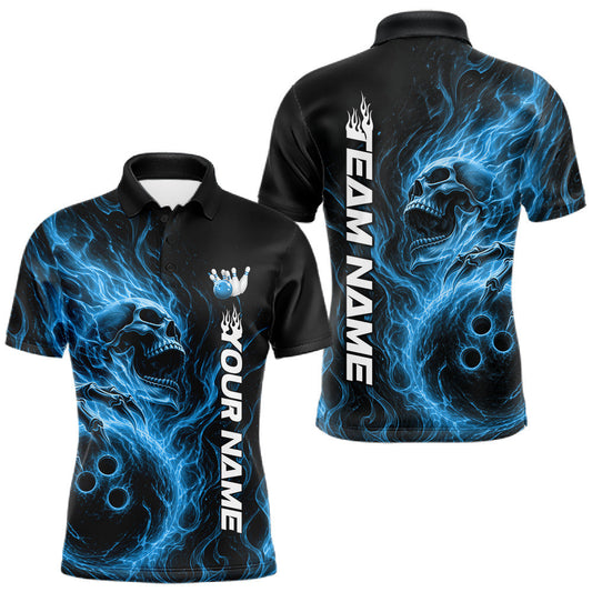 Maxcorners Custom Blue Flame Skull Bowling Men Polo Shirts, Gothic Halloween Team Bowling Outfit LM2704