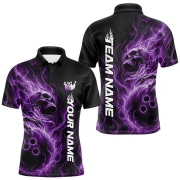 Maxcorners Custom Purple Flame Skull Bowling Men Polo Shirts, Gothic Halloween Team Bowling Outfit LM2704
