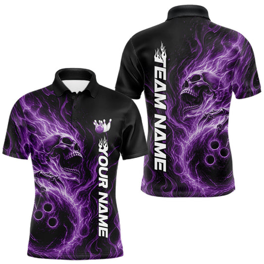 Maxcorners Custom Purple Flame Skull Bowling Men Polo Shirts, Gothic Halloween Team Bowling Outfit LM2704