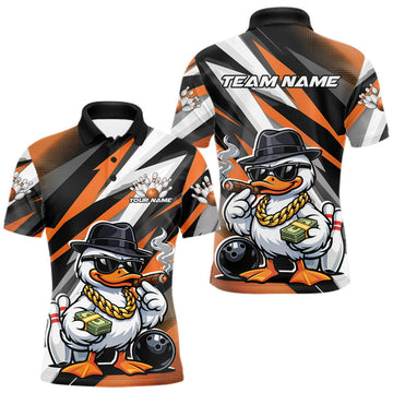 Maxcorners Custom Funny White Boss Duck Bowling Men Polo Shirt, Cool Duck Bowling Team Jerseys LM1104