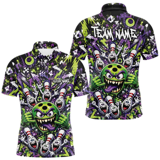Maxcorners Custom Funny Monster Bowling Ball And Pins Men Polo Shirt, Halloween Bowling Jerseys LM0607