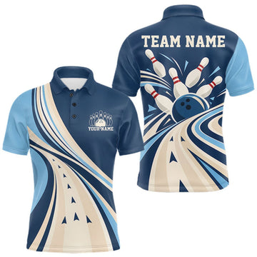 Maxcorners Custom Blue Classic Retro Bowling Team Men Polo Shirt, Bowling League Shirt Uniform LM0410