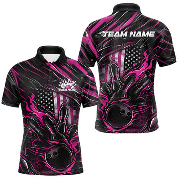 Maxcorners Custom Pink American Flag Flame Men Bowling Polo Shirt, Patriotic Bowling Jersey LM0404